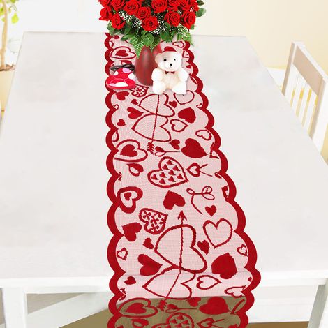 Mantel de encaje, estampado de corazones rojos, borde festoneado, tejido ligero, para el Día de San Valentín, boda, aniversario (1/5)