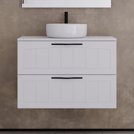 Meuble de salle de bain 80cm avec plateau et vasque à poser ronde - 2 tiroirs - sans miroir - blanc - PIA (1/5)