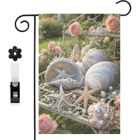 Drapeau de jardin 30 x 45 cm motif coquillages et perles style bord de mer toile double face (1/5)