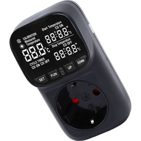 Thermostat de prise murale avec écran VA et compte à rebours pour aquarium ou serre, -40 °C à 120 °C, boîtier noir, conforme aux normes UE