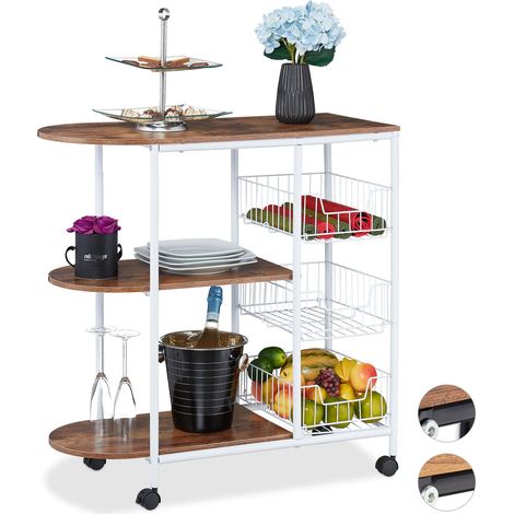 Relaxdays Carrello da Cucina, Portavivande con 3 Ripiani e 3 Cestini, Industrial, Metallo e MDF 84x83x37 cm, Vari Colori (1/5)