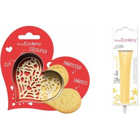 Kit pour biscuit en relief Coeur + Stylo au chocolat jaune pastel