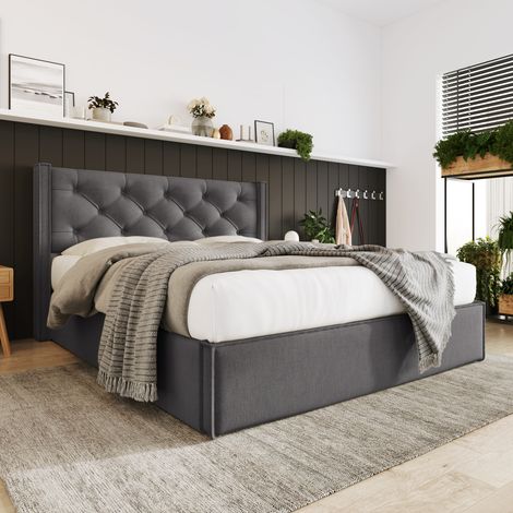 Cama doble 160x200cm cabecero acolchado arcón amplio algodón color gris (Sin colchón) (1/5)
