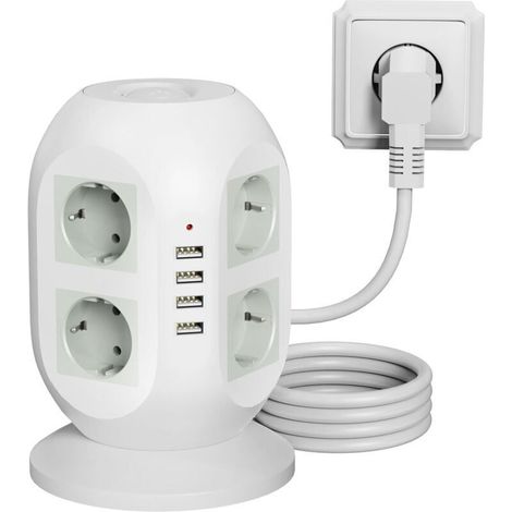 Multiprise 8 prises avec 2 ports USB, protection contre les surtensions (2160J), rallonge de 2 mètres, double interrupteur pour la maison et le bureau(Blanc) (1/4)