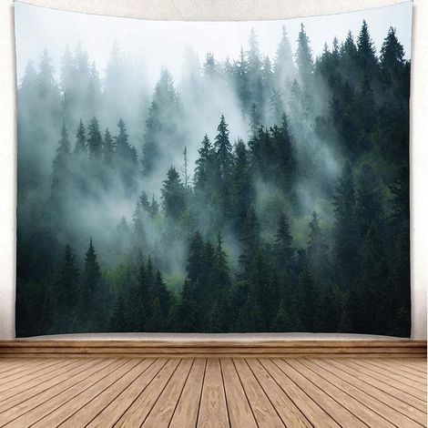 150 x 200 cm Tapisserie de forêt brumeuse, tapisseries murales à suspendre avec arbre brumeux, tapisserie extra large, art mural en bois de pin naturel pour chambre à coucher, salon, (1/5)
