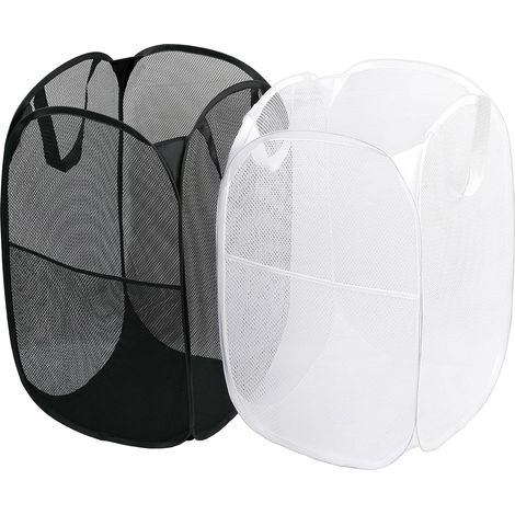 Lot de 2 paniers à linge pliables en maille avec poignées robustes, faciles à ouvrir et à plier, adaptés aux dortoirs, buanderies, chambres, camping-cars… (Blanc + Noir) 30 x 48 cm (1/4)