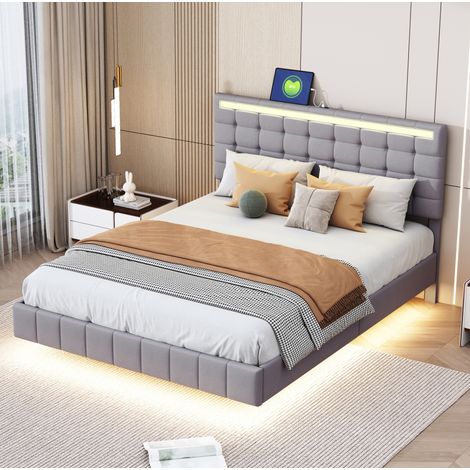 Cama tapizada moderna 140x200 cm gris, efecto suspendido con LED, cabecero revestido, somier de láminas (1/5)