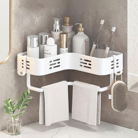 Thickened Corner Wall Shelf with 2 Hooks for Bathroom Storage and Organization - Shower Shampoo, Cleanser, Condiment Bottle (White) (1/5)