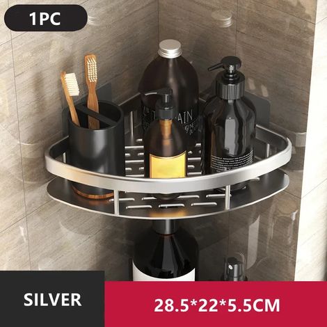 Étagère de salle de bain (argentée) en alliage d'aluminium, porte-shampoing, organisateur de maquillage, étagère de douche, accessoires de salle de bain, étagère d'angle murale sans perçage (1/5)