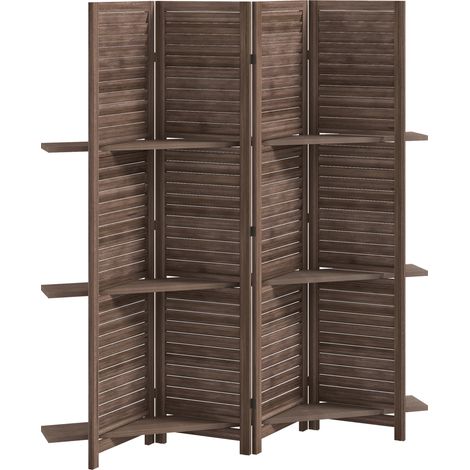 Paravent en bois à 4 éléments, 160 x 170 cm, pliant avec 3 étagères, noyer (1/5)