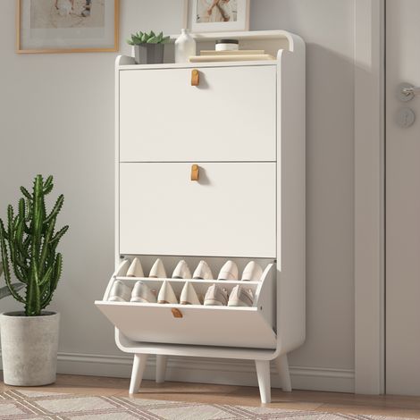Zapatero de MDF blanco con 3 puertas abatibles, encimera superior y patas de madera maciza (1/5)