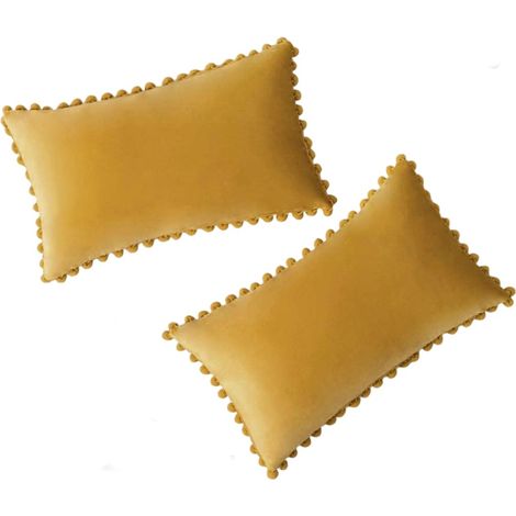 Lot de 2 housses de coussin décoratives en velours à pompons, couleur unie, douces et carrées, 45 x 45 cm, vert foncé, pour canapé, chambre ou voiture. (1/5)