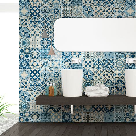 Sticker Mural Carrelage adhésif Cuisine Salle de Bain - 60 STICKERS CARREAUX DE CIMENT AZULEJOS RIANA - 60stickers20x20cm (1/5)