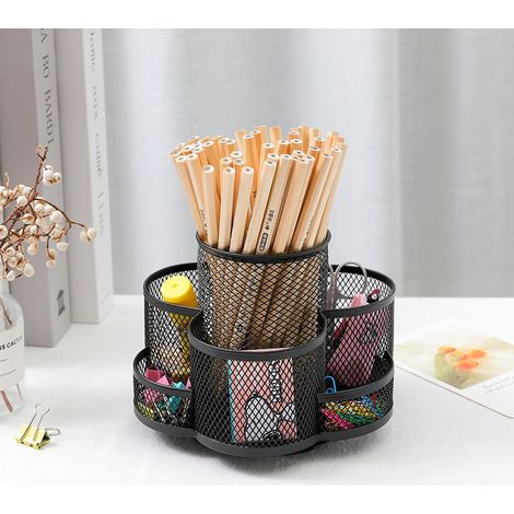 Porte-crayons bureau rotatif, Porte-stylo en métal pour le bureau avec tapis en caoutchouc antidérapant, rotation à 360 ° et 7 compartiments, organiseur de rangement pour fournitures de bureau, Noir (1/4)
