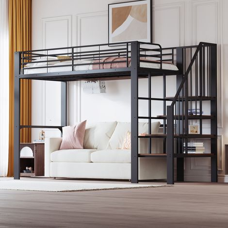 Hochbett 90x200 cm schwarz aus Metall und Holz mit Stauraum und Treppe (1/5)