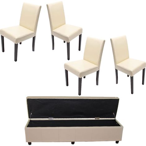 Set soggiorno panca contenitore Kriens xxl con 4x sedie littau cucina moderno sala pranzo ecopelle avorio