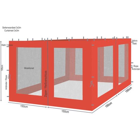 4 Seitenteile mit Moskitonetz für Blätter Pavillon 3x3m Seitenwand Terra / Rotorange RAL 2001 (1/3)