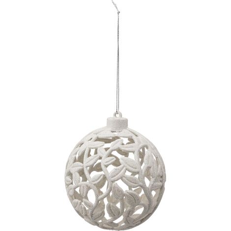 Déco Sapin Boule de Noël D 10 cm Feuille blanc pailleté - Feeric Christmas