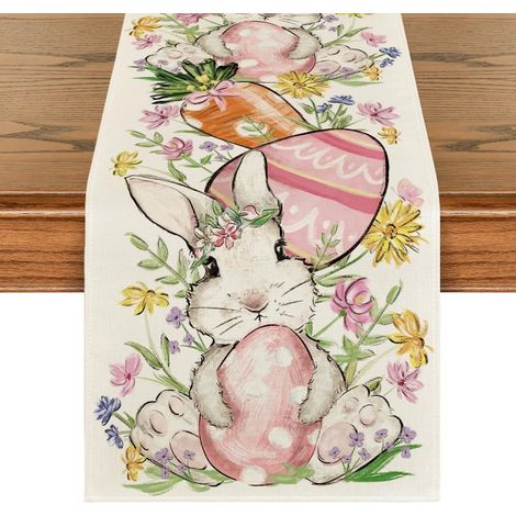 Chemin de table de Pâques avec lapin, œuf et fleurs, décoration de table printanière, 33 x 183 cm (1/5)
