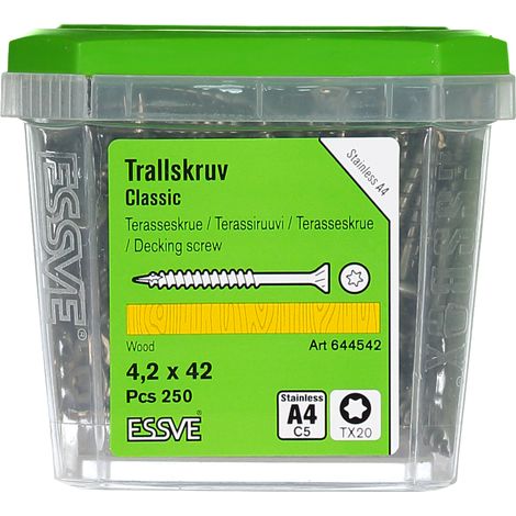 Tornillos para tarimas de madera ESSVE CLASSIC resistentes a los ácidos, tamaño A4, 4,2 x 42 mm, 250 unidades. (1/2)
