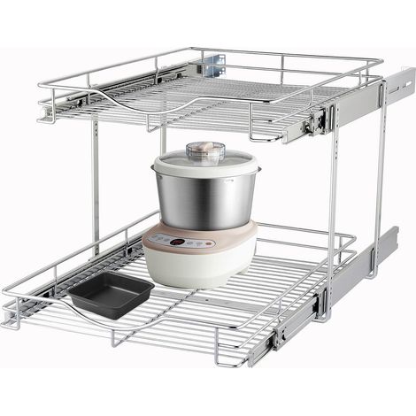 Étagère coulissante à 2 niveaux (43,2 cm de large x 45,7 cm de profondeur) en métal robuste, deux étagères coulissantes pour armoires de cuisine, garde-manger, salle de bain, finition chromée (1/5)