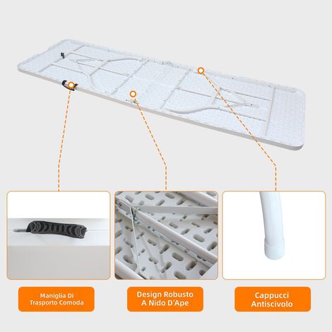 Tavolo pieghevole portatile 244 cm resistente con maniglia, multifunzionale per interni ed esterni, capacità 135 kg, colore bianco (1/5)