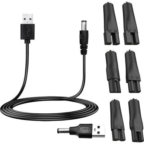 Cable cargador universal USB de 5 V para afeitadoras y recortadoras con 7 adaptadores para todo tipo de recortadoras eléctricas. Cable de alimentación para afeitadoras, de CC a USB. (1/5)