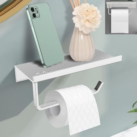 Porte-papier toilette,Porte-Papier Toilette Mural sans Perçage, Support Papier WC en Aluminium avec étagères Spacieuses Colle Auto-adhésive et Mural pour Salle de Bain (Couleur Argent) (1/5)