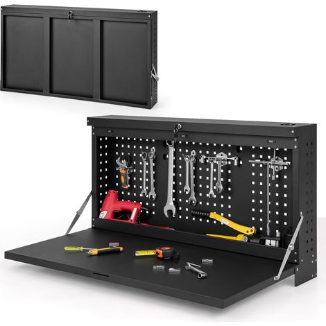 COSTWAY Banco da Lavoro Pieghevole a Parete, Organizzatore 2 in1 con Pannello Portautensili e Piano Spazioso, Tavolo da Lavoro Appeso per Garage, Magazzino, Officina, Nero (1/5)