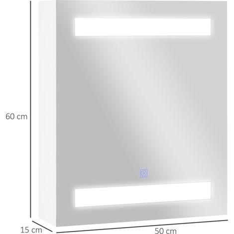 Meuble de salle de bain mural (1 porte, miroir, éclairage LED) 2 étagères intérieures MDF blanc (60 x 50 x 15 cm) (1/5)