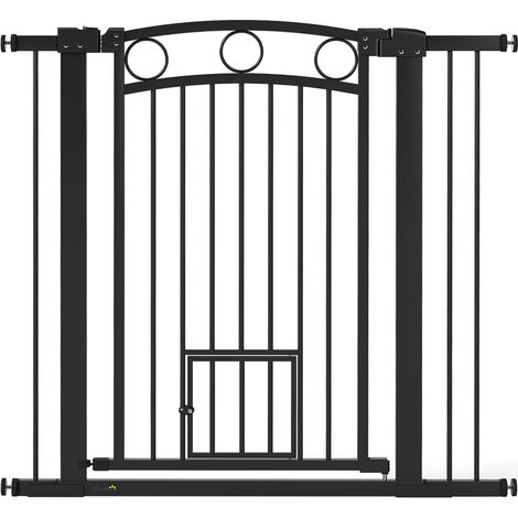 Haustiertor, 96 cm Treppengatter, verstellbare Breite 76-104 cm, mit Katzentür, für Treppen und Türöffnungen, Schwarz