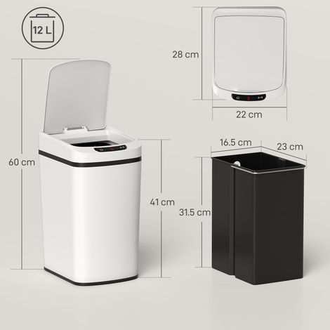 Poubelle infrarouge 12 L avec seau amovible, acier inoxydable, ABS et PP, 28 x 22 x 41 cm, blanche (1/5)