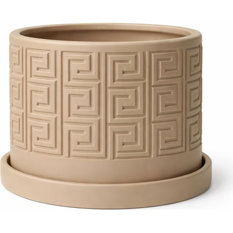 Vaso da fiori moderno beige con sottovaso a motivo geometrico. (1/3)