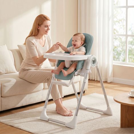 Chaise Haute Bébé Pliable 6-36 Mois, Réglable en Hauteur, Plateau Double Lavable, Roulettes, Vert (1/5)