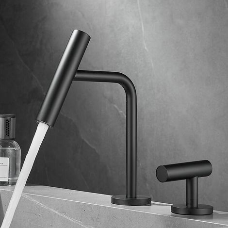 Design-Waschtischarmatur mit zwei Löchern: Korpus aus Messing, schwarze Oberfläche