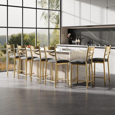 Lot de 6 tabourets de bar 66cm dorés avec dossier et assise rembourrée (1/5)