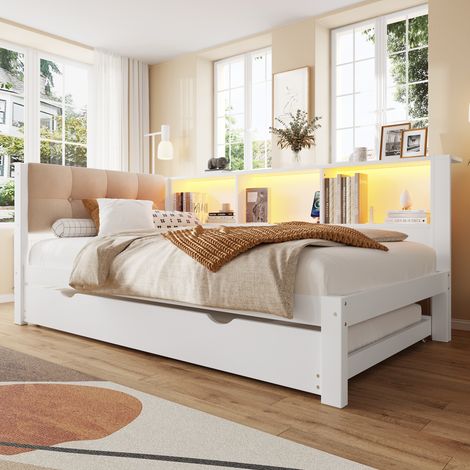Lit gigogne 90x200 cm, avec bande lumineuse LED à intensité variable, port USB, bois de pin, blanc(sans matelas) (1/5)