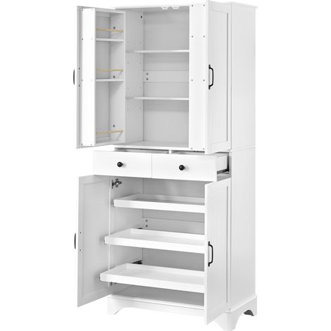 Armoire haute avec étagères réglables et tiroirs, bibliothèque avec étagères coulissantes et portes type réfrigérateur, idéale pour salle à manger, salon et cuisine (blanc) (1/5)