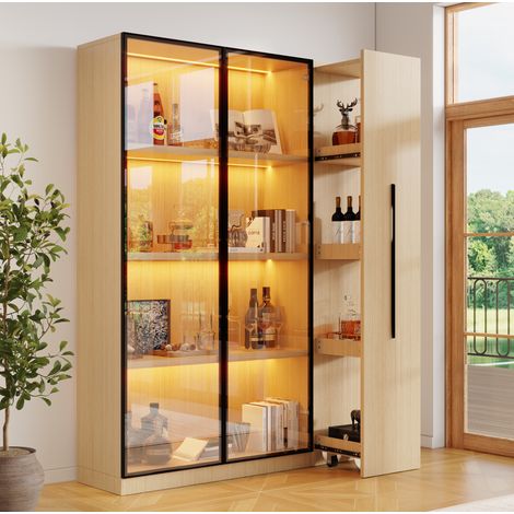 Vitrine haute 110,5x35x160 cm en MDF chêne clair avec LED, rangement pratique pour salon – MEUBLIV (1/5)