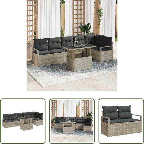 Canapé extérieur -  Ensemble de canapé de jardin 7 pcs Gris clair polyrotin (1/5)