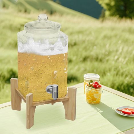 Dispensador de bebidas, dispensador de bebidas para fiestas, dispensador de jugo de vidrio con soporte, grifo de acero inoxidable, dispensador de té helado, limonada, jugo, agua, p (1/5)