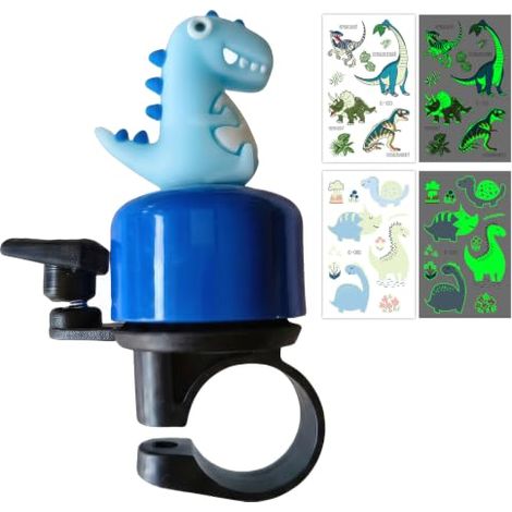 Sonnette de vélo enfant jaune avec 2 autocollants dinosaures colorés - Sonnette de vélo puissante pour enfants, filles, garçons et adultes, compatible avec draisiennes, trottinettes et tricycles