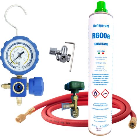 Kit Recarga Gas R600a Isobutano 420g  Con Manómetro, Manguera y Válvula Pincho  Gas Ecológico para Frigoríficos 230V