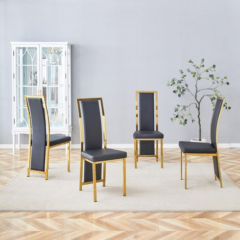 Ensemble de 4 chaises de salle à manger minimalistes européennes avec finitions dorées. Revêtement en cuir noir bureaux, (1/5)