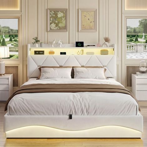Lit 140x200 cm avec Port USB et Lumière LED, Lit Coffre avec Sommier à Lattes métalliques et Rangement Hydraulique, Tête de lit avec espace de rangement, Tissu en Velours, sans Matelas, Beige (1/5)