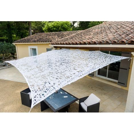Toile d'ombrage ajourée blanche 3x 5m, protection solaire efficace avec traitement anti UV, installation rapide avec crochets en acier, durable et ventilée. (1/3)