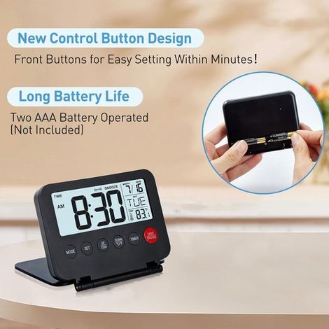 Wecker - Radiowecker - Schlankes Modell - Kleiner digitaler Reisewecker - Großes LCD-Display - Frontknopf mit Datums- und Temperaturanzeige - Schlummerfunktion - Batteriebetrieben - Geeignet für Zuhau