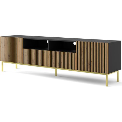 MOBILE RAVENNA F PORTA TV IN MDF VERNICIATO 2D2S 200 NERO OPACO ROVERE ARTIGIANALE STRUTTURA ORO