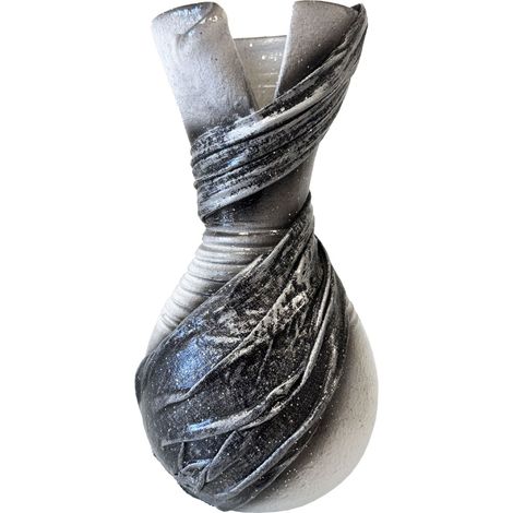 Vase artisanal drapé de tissus blanc et gris pailleté 20 cm