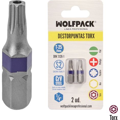 Punte per cacciavite Torx 25 antimanomissione (2 pezzi). Acciaio al cromo vanadio S2